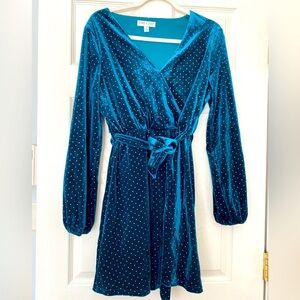 Soft Velvet Dress in green and Gold Polka dot